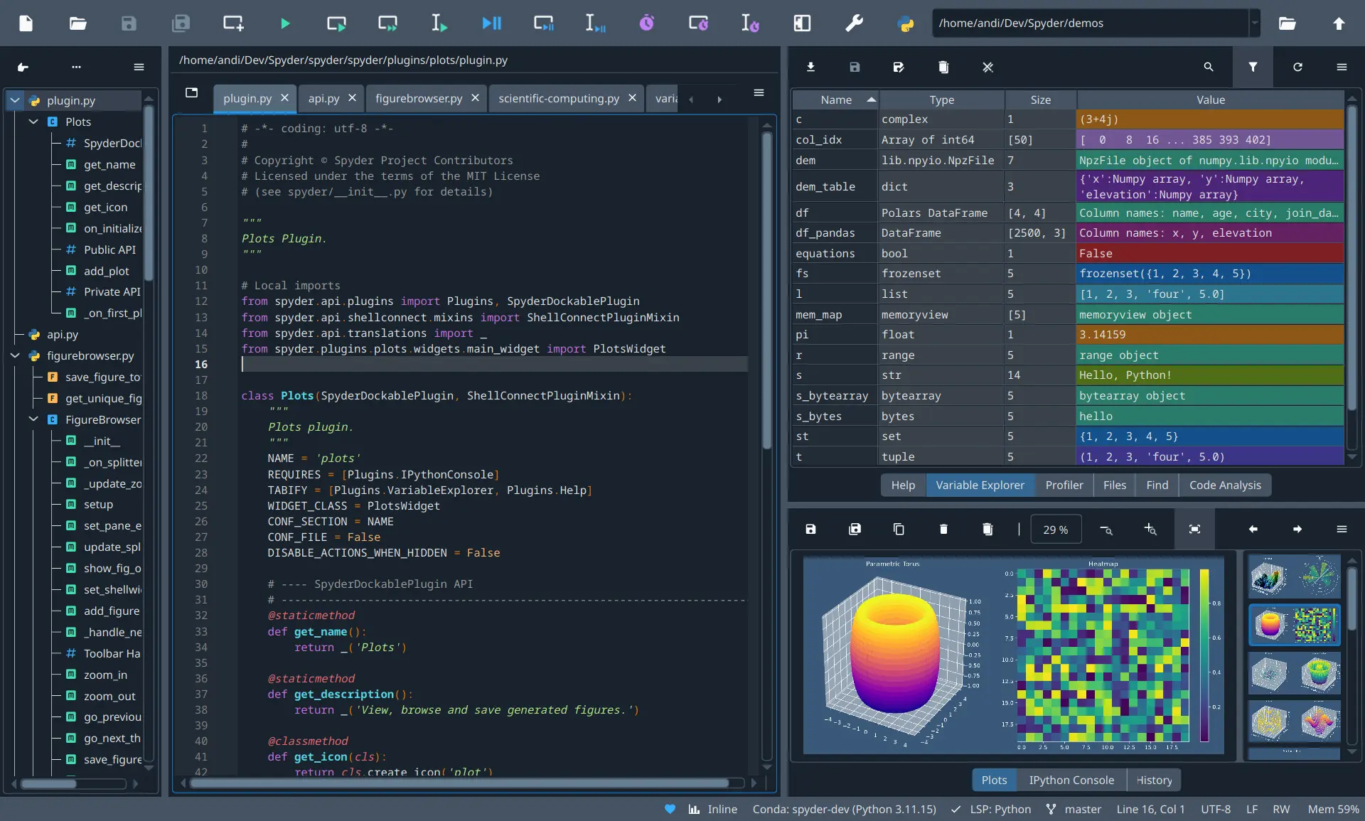 Captura de pantalla de la ventana principal de Spyder, con el diseño de paneles por defecto