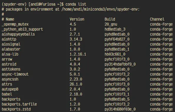 Command line showing output of conda list