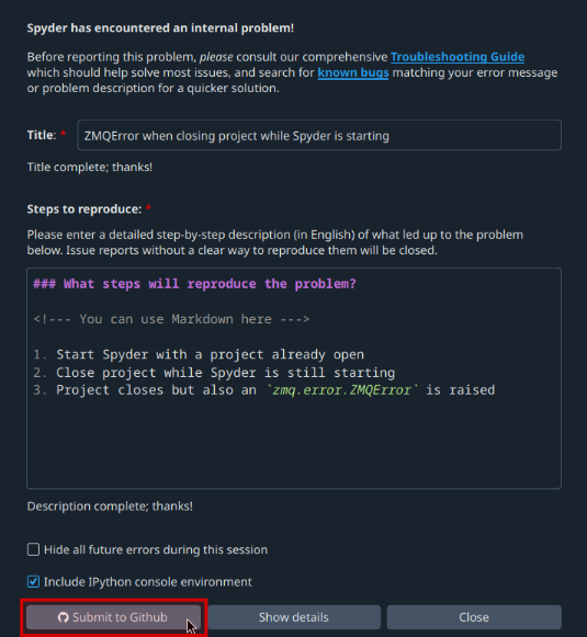 GitHub page on Spyder's issue tracker