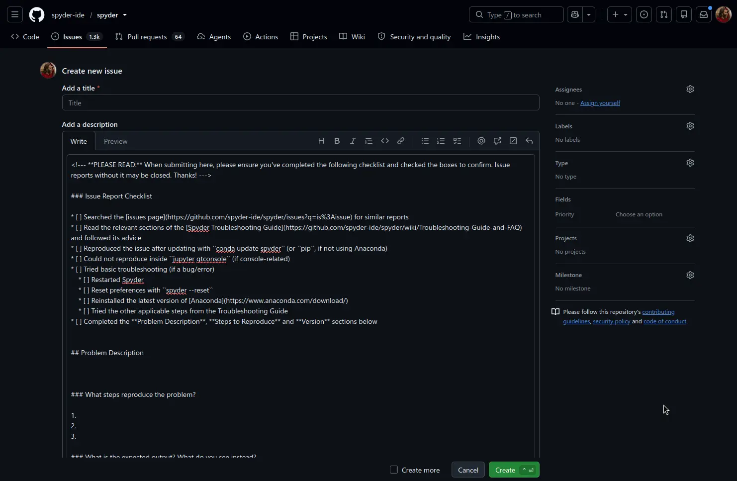 GitHub page on Spyder's issue template