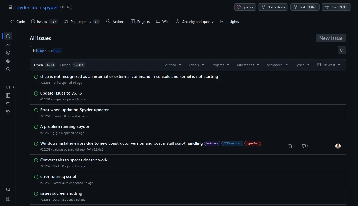 GitHub page on Spyder's issue tracker