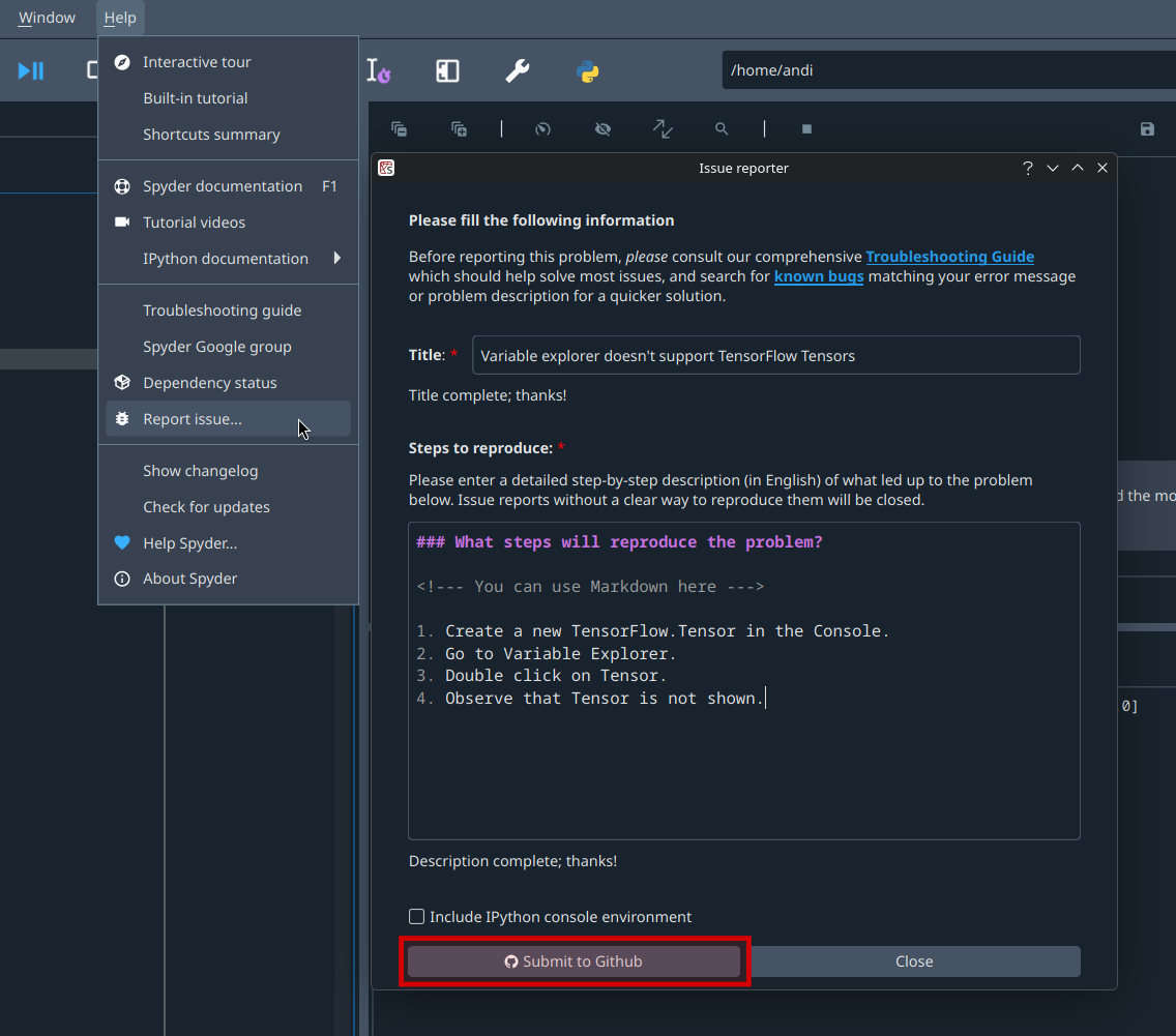 GitHub page on Spyder's issue tracker