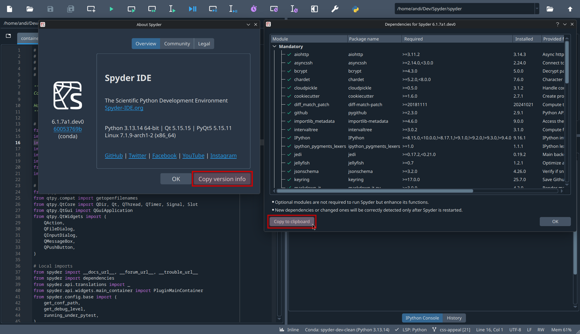 Spyder showing Spyder's info and dependencies