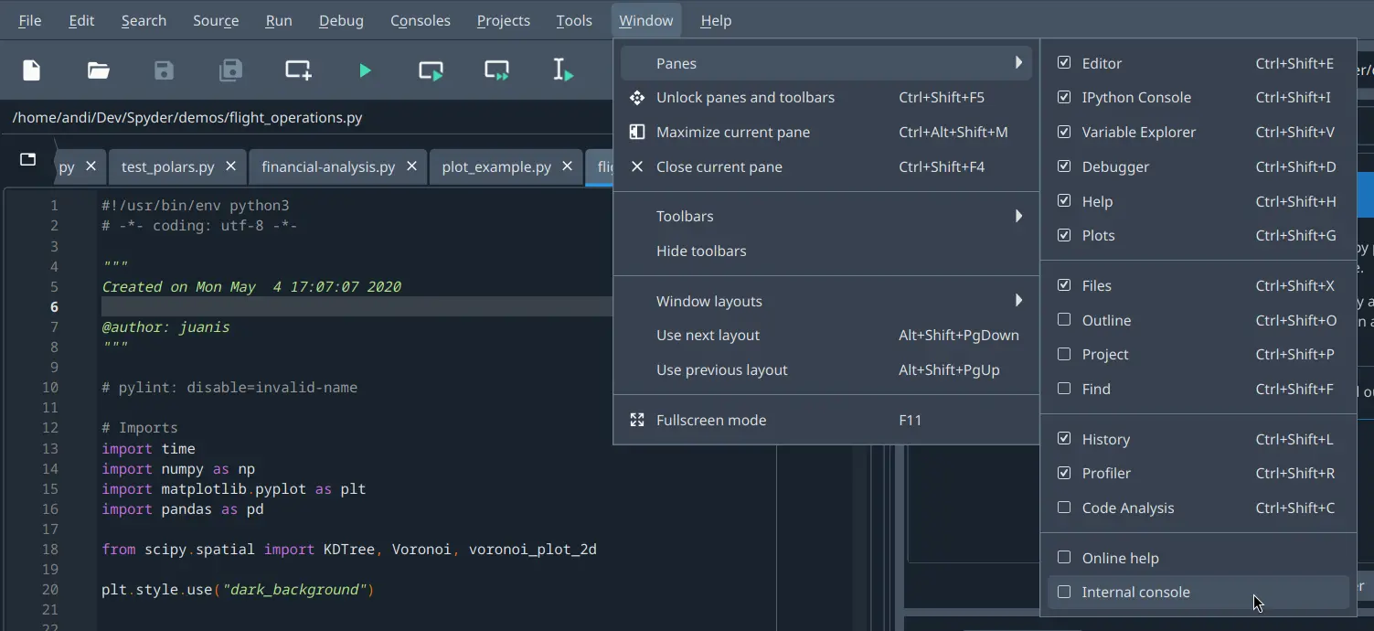 Spyder showing Internal console