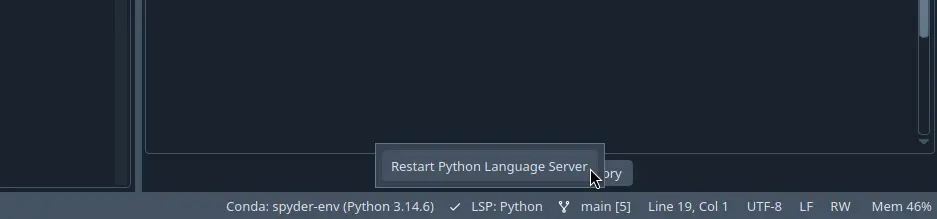 Spyder with LSP restart dialog