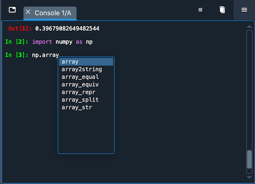 Spyder IPython Console, with a popup list of code completion guesses