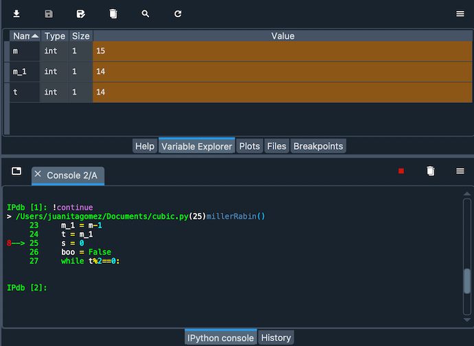 Spyder's console and variable explorer showing local and global variables when debugging