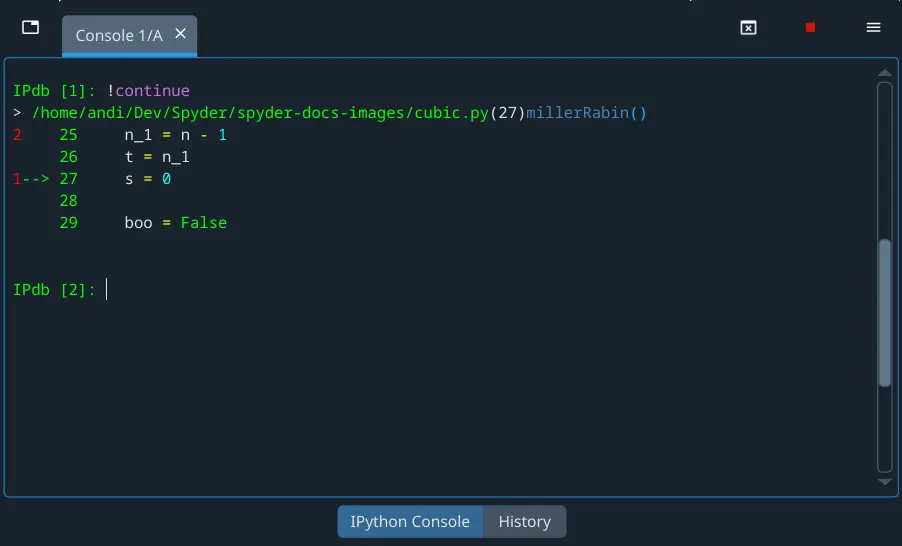 Spyder's console and variable explorer showing local and global variables when debugging
