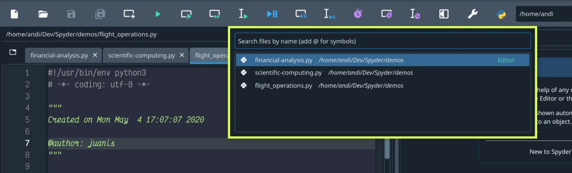 Spyder's Editor pane, showing the file switcher