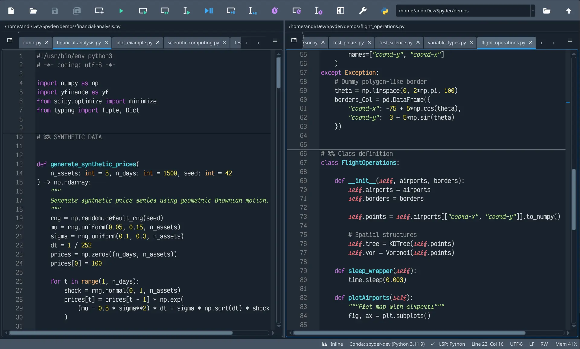Spyder's Editor pane, split horizontally and with style analysis