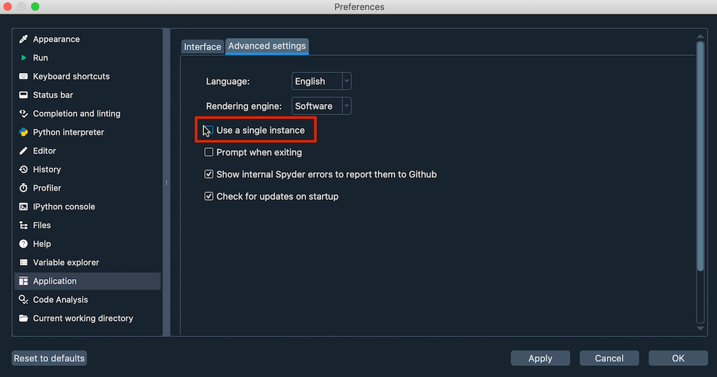 Spyder showing Use a single instance setting