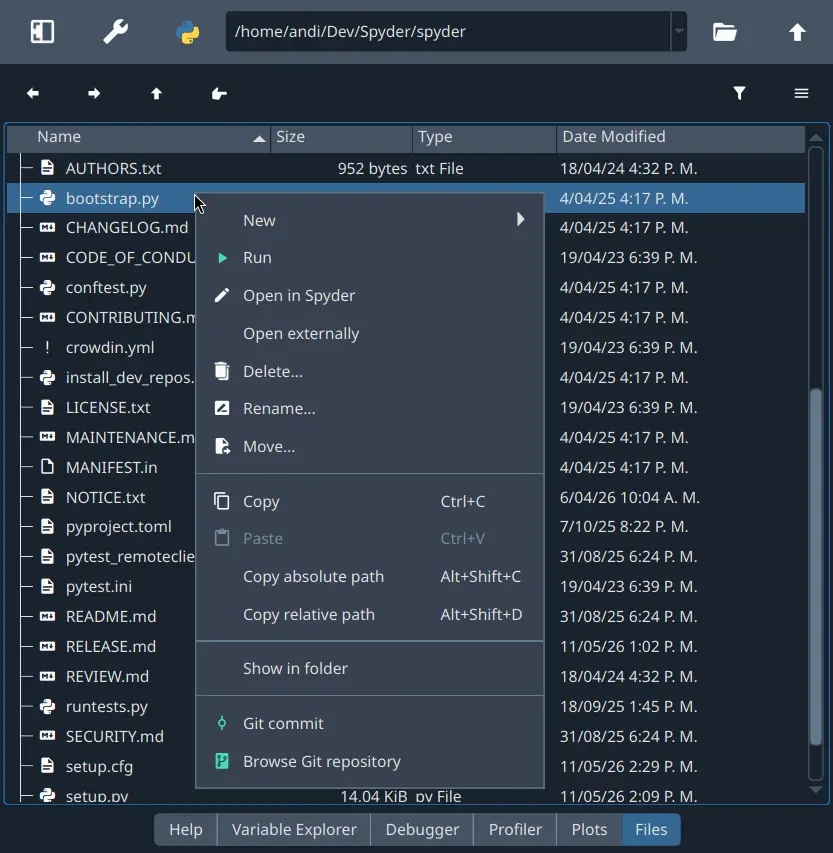 Spyder Files pane showing context menu