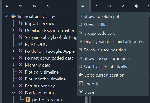 Outline options menu
