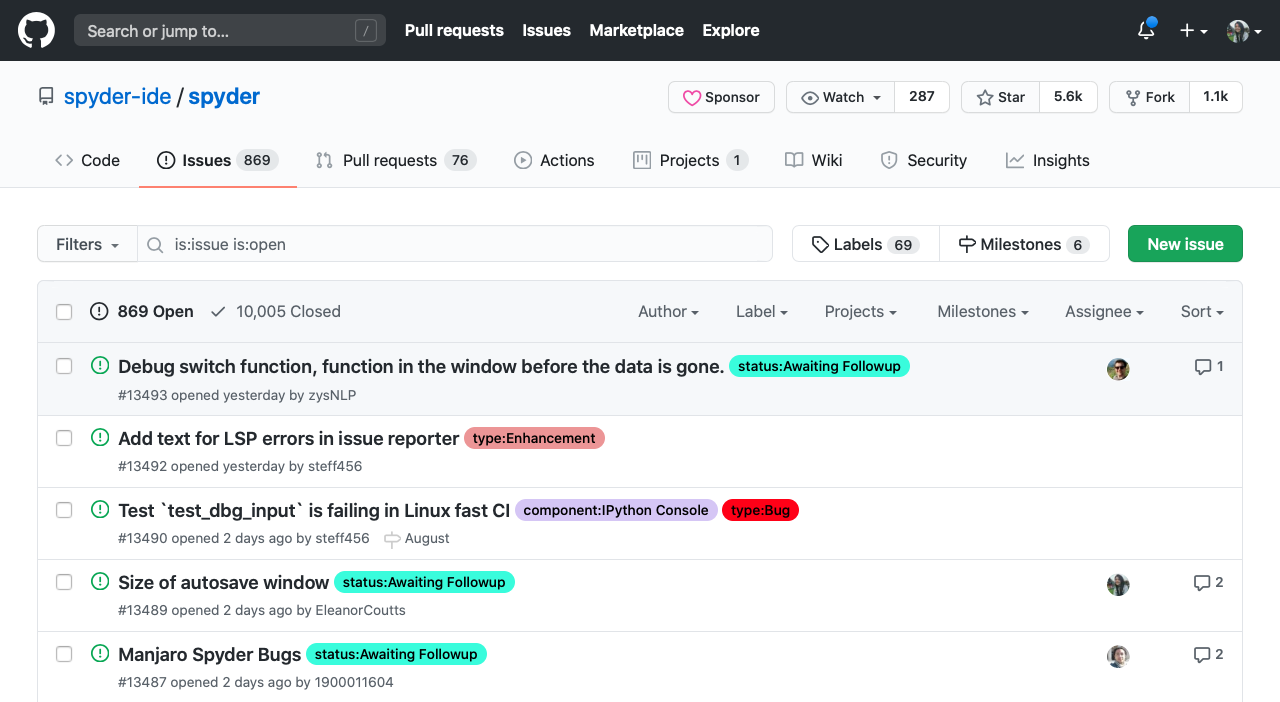 Github page on Spyder's issue tracker