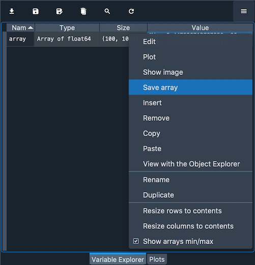 Context menu for an int array, with the Show image option selected