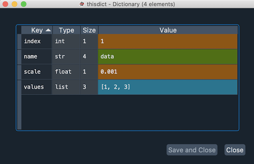 Dictionary editor displaying keys and their types, sizes, and values