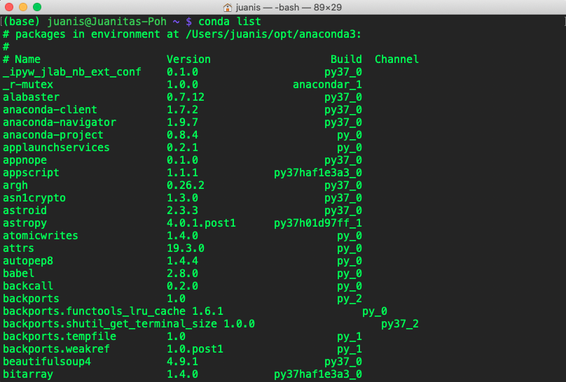 Command line showing output of conda list