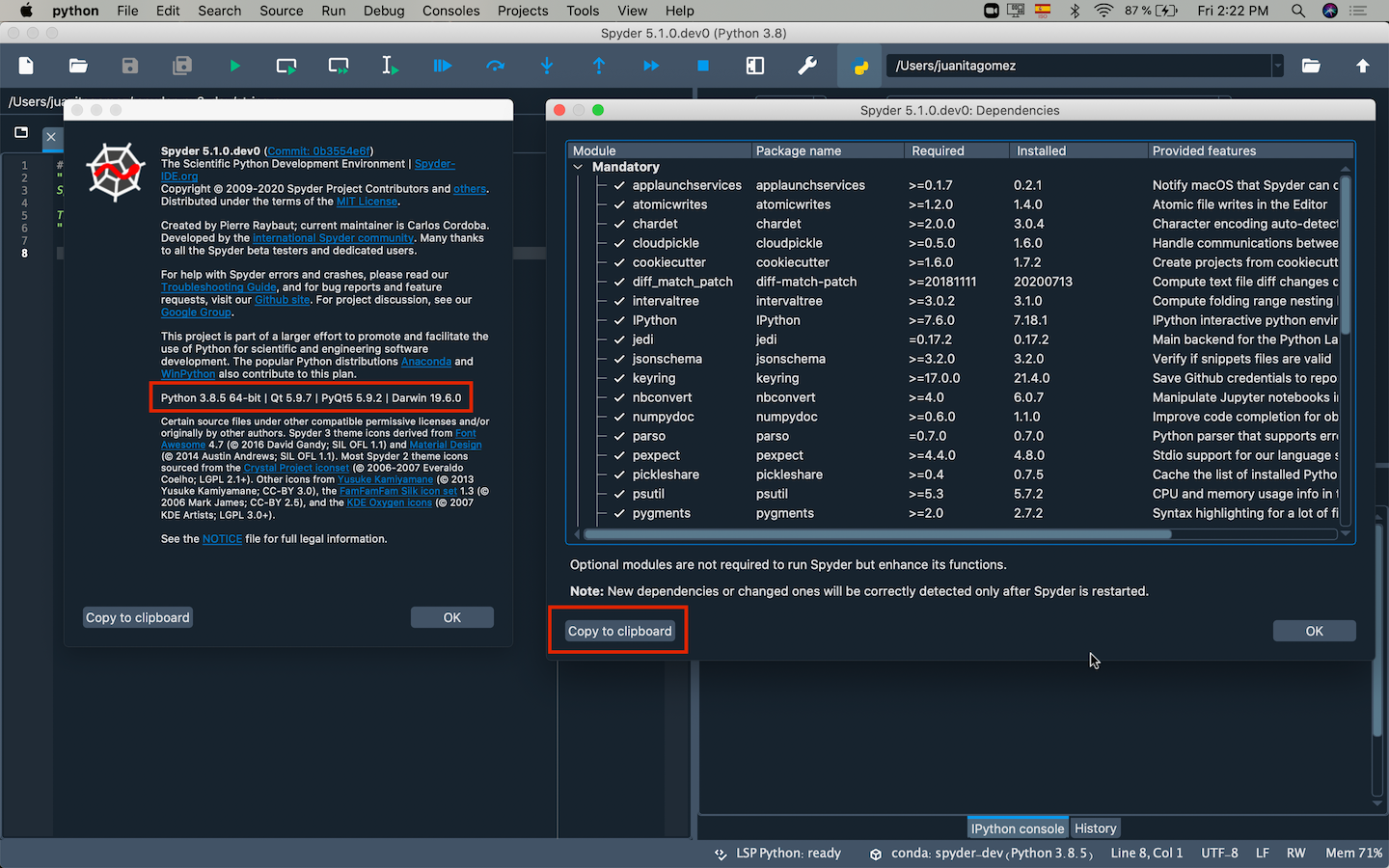 Spyder showing Spyder's info and dependencies